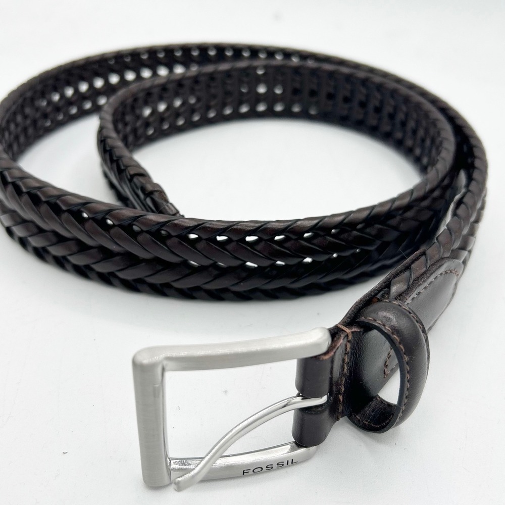 NEW Fossil Men's Casual Braided Dark Brown Genuine Leather Belt Size 34